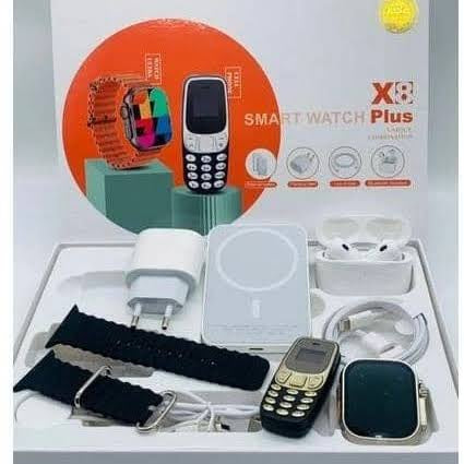 X8 + Unique Combination SMART Watch With + Portable Cell Phone + Power Adapter + USB-C To Lighting Line + AirPods Pro + Magnetic Battery Bank Pack
