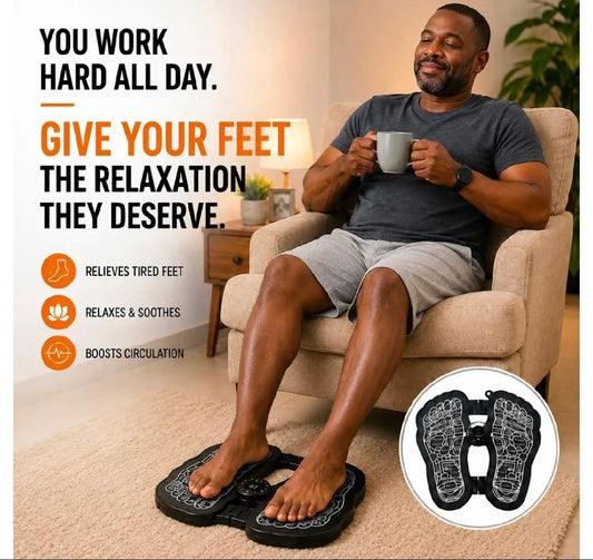EMS ELECTRIC FOOT MASSAGER MAT WITH REMOTE. MASSAGE BOTH FEET SIMULTANEOUSLY, IMPROVING BLOOD CIRCULATION, RELAXING FOOT MUSCLE, RELIEVING FOOT PAIN, AND REDUCING FATIGUE WITH 8 MODES AND 19 INTENSITY LEVELS