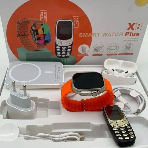 X8 + Unique Combination SMART Watch With + Portable Cell Phone + Power Adapter + USB-C To Lighting Line + AirPods Pro + Magnetic Battery Bank Pack