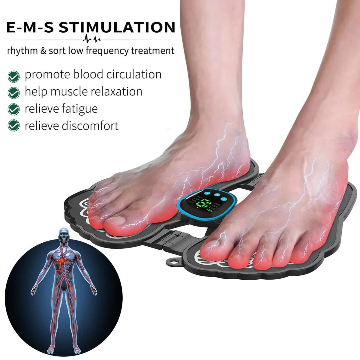 EMS ELECTRIC FOOT MASSAGER MAT WITH REMOTE. MASSAGE BOTH FEET SIMULTANEOUSLY, IMPROVING BLOOD CIRCULATION, RELAXING FOOT MUSCLE, RELIEVING FOOT PAIN, AND REDUCING FATIGUE WITH 8 MODES AND 19 INTENSITY LEVELS