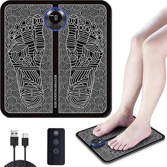 EMS ELECTRIC FOOT MASSAGER MAT WITH REMOTE. MASSAGE BOTH FEET SIMULTANEOUSLY, IMPROVING BLOOD CIRCULATION, RELAXING FOOT MUSCLE, RELIEVING FOOT PAIN, AND REDUCING FATIGUE WITH 8 MODES AND 19 INTENSITY LEVELS