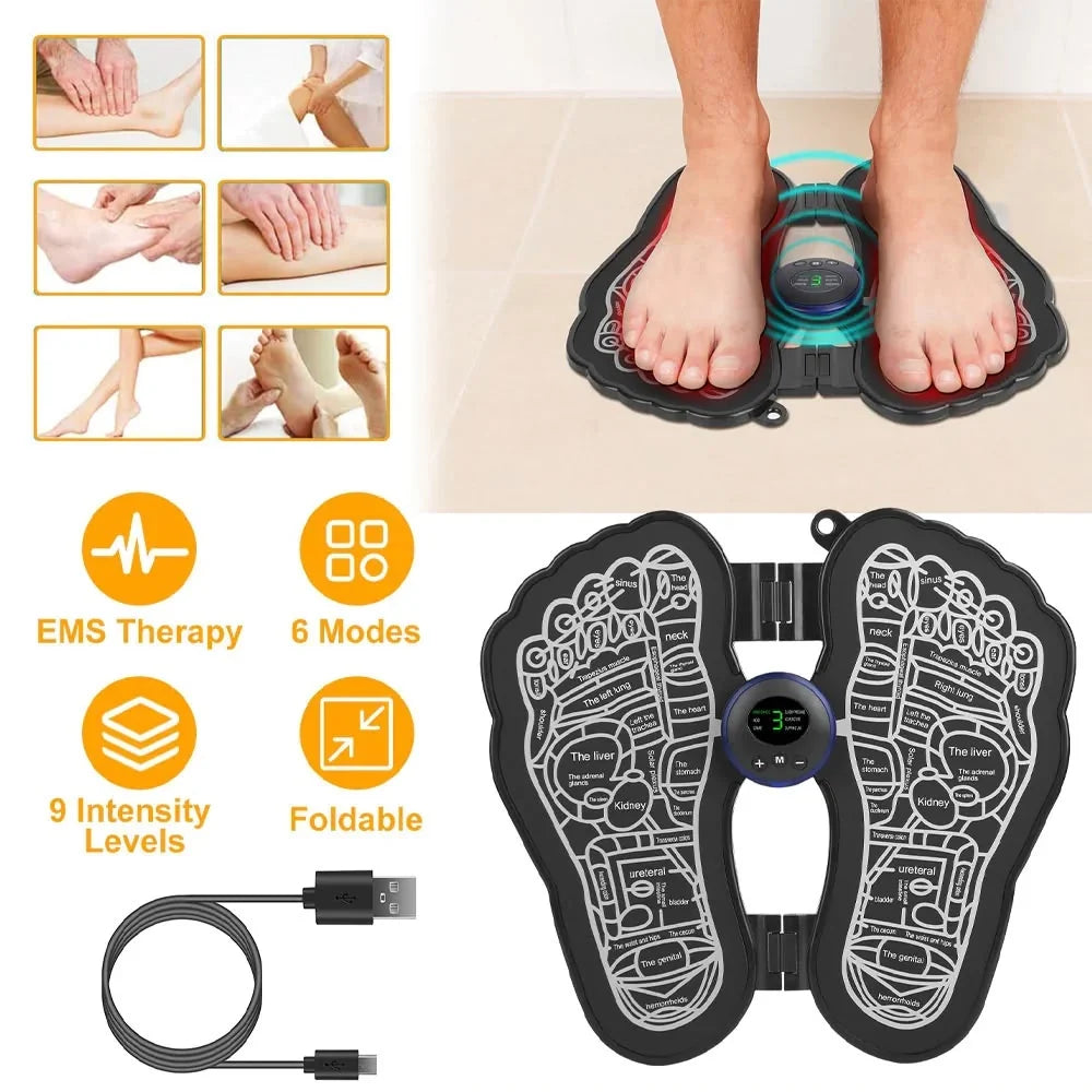 EMS ELECTRIC FOOT MASSAGER MAT WITH REMOTE. MASSAGE BOTH FEET SIMULTANEOUSLY, IMPROVING BLOOD CIRCULATION, RELAXING FOOT MUSCLE, RELIEVING FOOT PAIN, AND REDUCING FATIGUE WITH 8 MODES AND 19 INTENSITY LEVELS